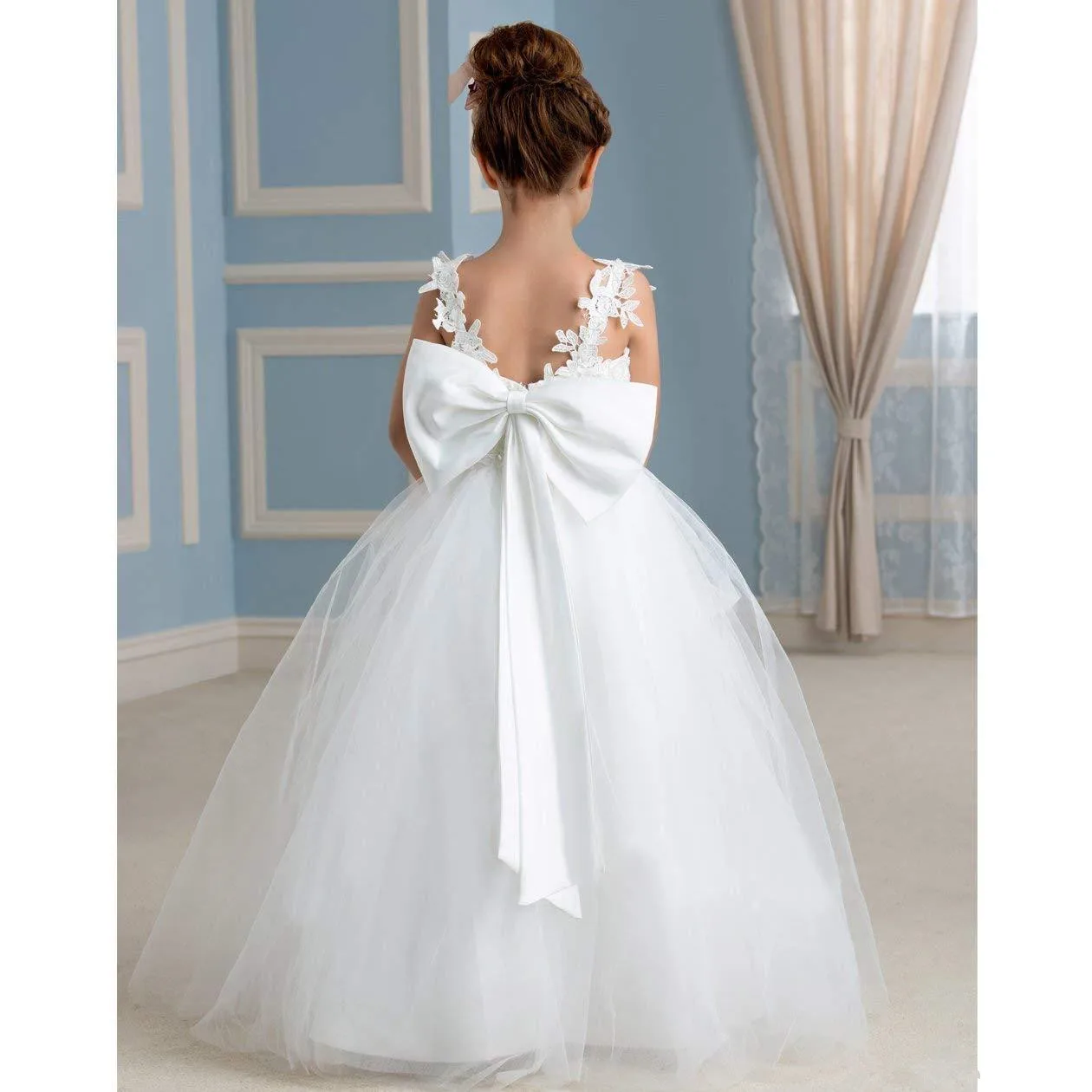 女の子のためのレースの空中ブランコのロングドレス,ふくらんでいるチュールのボールガウン,床の長さ,聖体拝領,パーティードレス