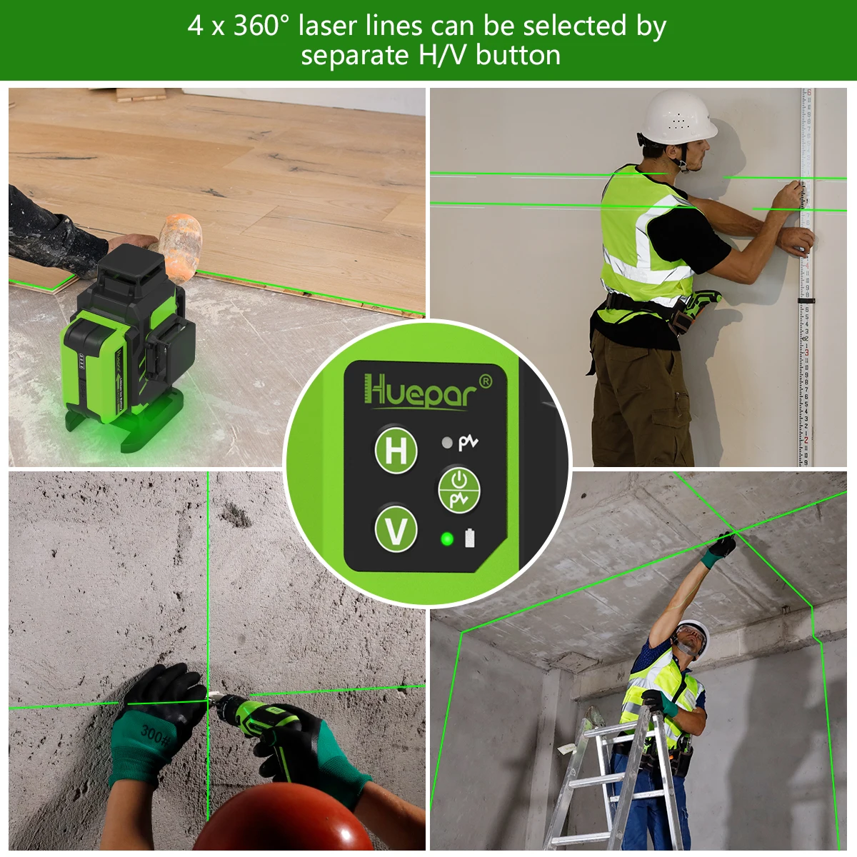 Huepar 16 Lines Green Beam 4D Cross Line Tiling Floor Laser Tools Osram Horizontal & Vertical with Lifting Base 2 Li-ion Battery
