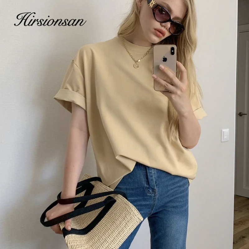 Hirsionsan Casual Cotton Basic T-Shirt Women Soft Oversized Solid Color Female Tees Harajuku Elegant Ladies Summer Tops Green