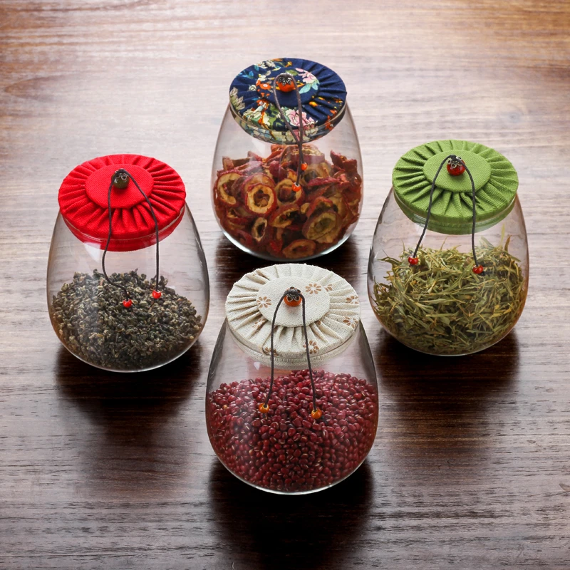 

Cork transparent cup glass tea cans Sealed cloth tea pot dried fruit storage tank Exquisite cloth cover candy flower tea jar