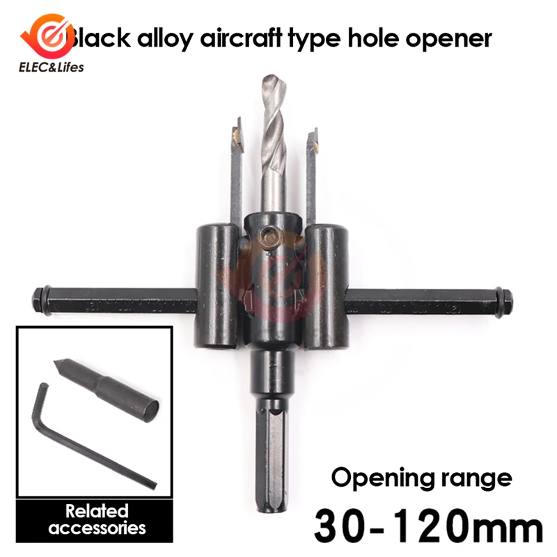 

Adjustable Circle Hole Cutter Wood Drill Bit Saw Round Cutting Blade Aircraft Type DIY Tool Hole Opener 30mm-120mm Cordless Dril