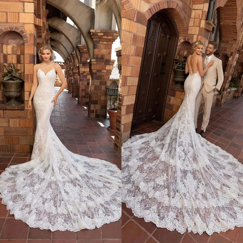 2021 Gaun Pernikahan Renda Appliques Mermaid Bridal Gaun Seksi Spaghetti Tali Buka Kembali Pernikahan Gaun Vestidos De Novia