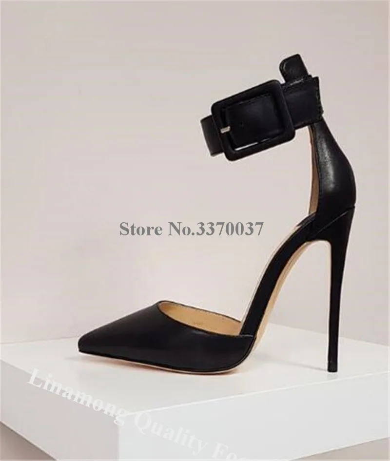 Linamong Elegant Fashion Pointed Toe Stiletto Heel Pumps Ankle Strap Buckle Red Black Gold High Heels Formal Dress Shoes