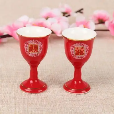 

Chinese traditional wedding marry red double celebration toast cup ceramic trumpet ceramic wine cup goblet wine glass gift