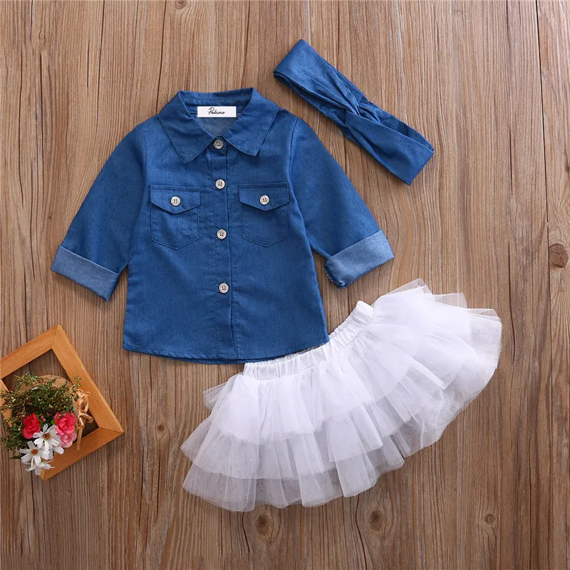 Fashion 0-5T Baby Girls  Set Denim Shirt Top +Tutu Skirts+Headband 3pcs Outfits Sets Autumn Spring Set  Kids Clothintg