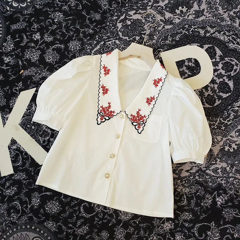 Puff Sleeve Embroidery Short-Sleeve Shirts Office Lady Lapel Single-Breasted Short Tops Women Soft Elastic White Elegant Blouse