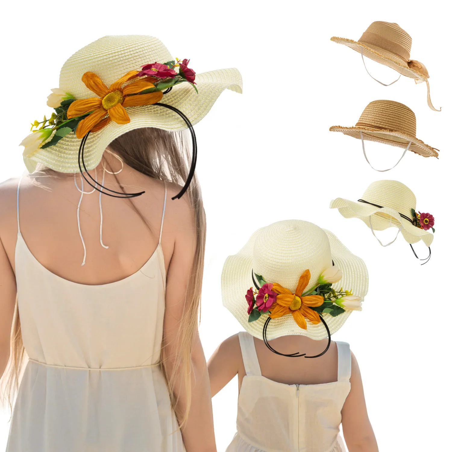 2pcs/set New flower wide-brimmed sun hat, breathable children's hat, factory spot beach sunscreen parent-child straw hat