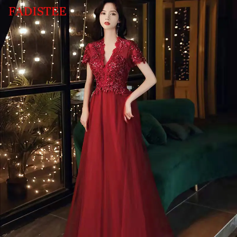 

New Style V-neck Prom Dresses Long A-line Lace Appliques Women Formal Gowns For Evening Party Robe De Soirée Floor Length