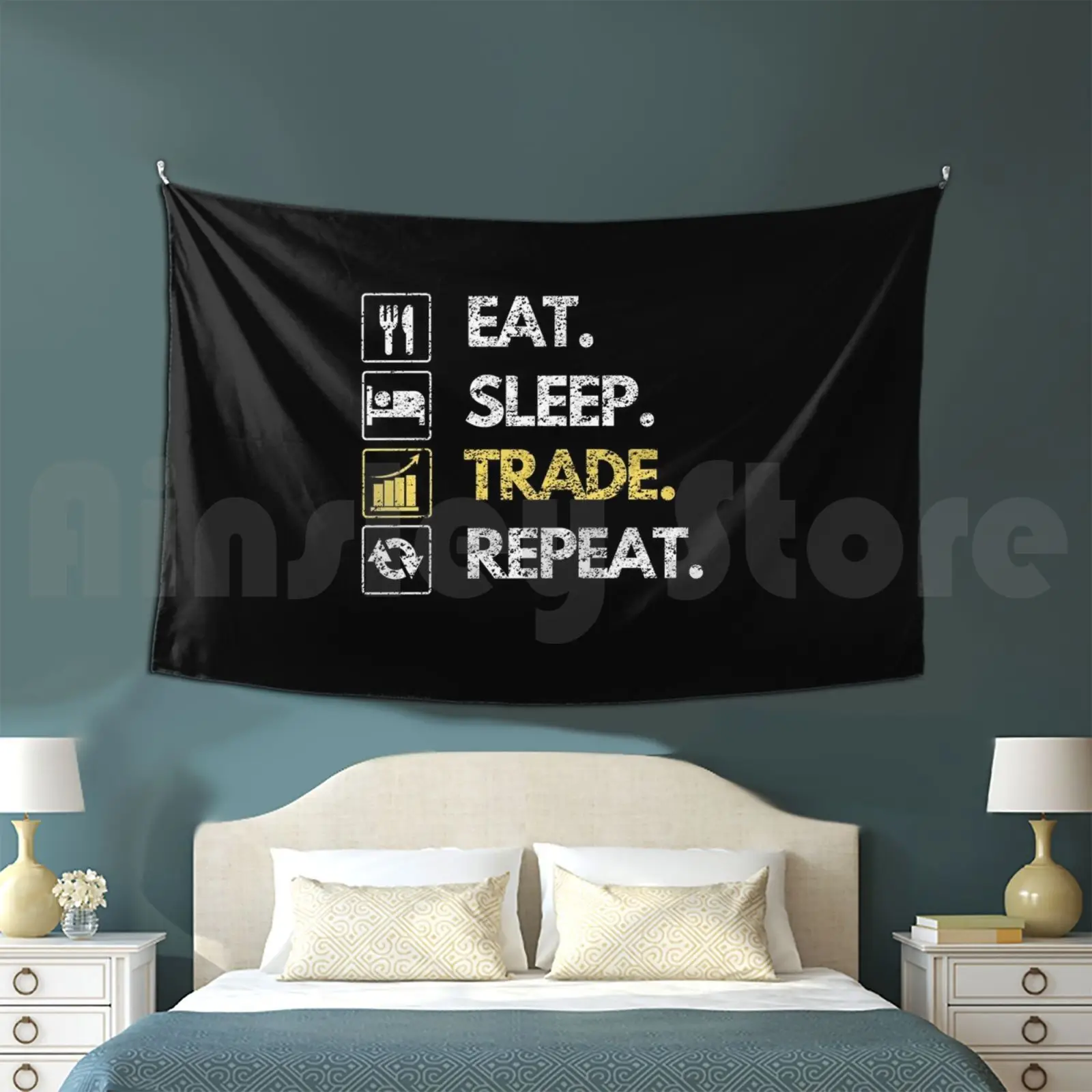 Eat Sleep Trade Repeat Investor Trading Tapestry Background Wall Hanging Stocks Investing Invest Investment Real