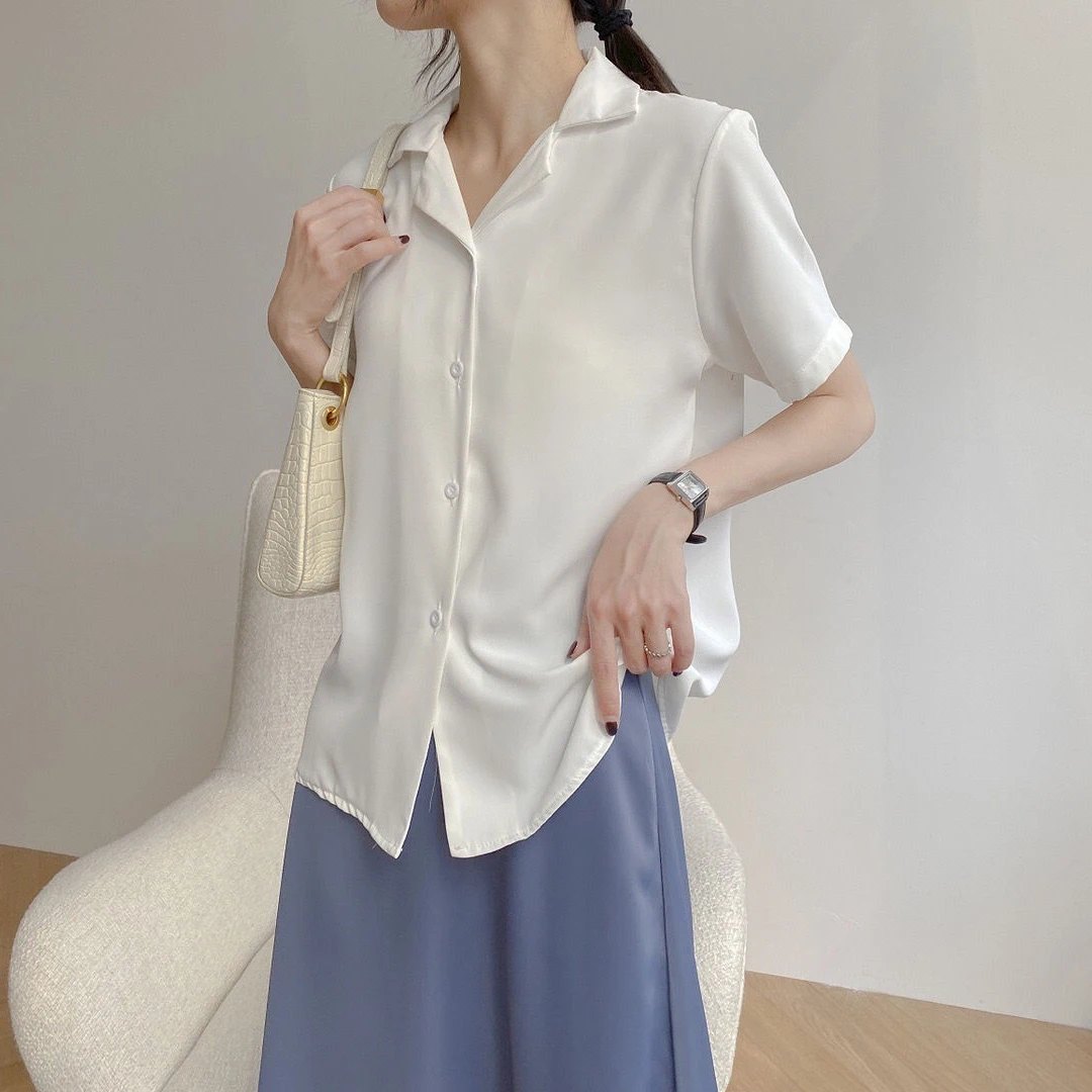 Women Summer Chiffon Blouse Elegant Short Sleeve V Neck Loose Shirt Casual Solid Korean Chic Simple Tops Female Tunic Blusas