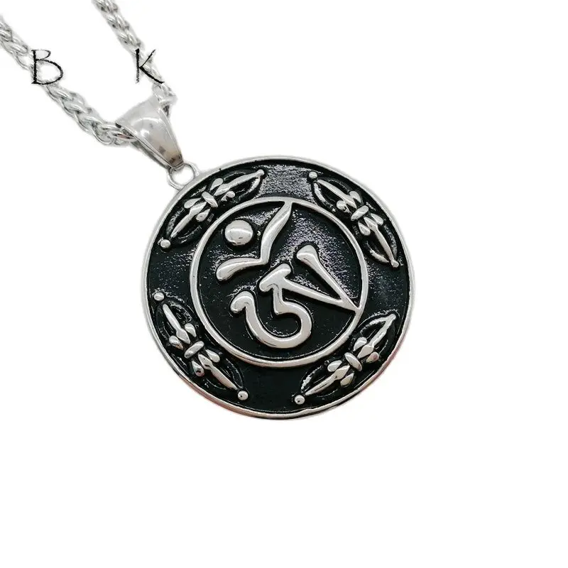 

Black Knight Vintage silver color stainless steel Buddha mantra pendant necklace religious Buddism medal necklace BLKN0578