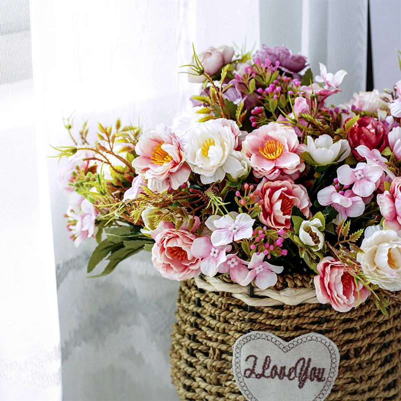 Silk Artificial Peony Flowers Small Bouquet Autumn Living Room Home Decoration Fake Flower DIY Arrangement for Wedding Garden