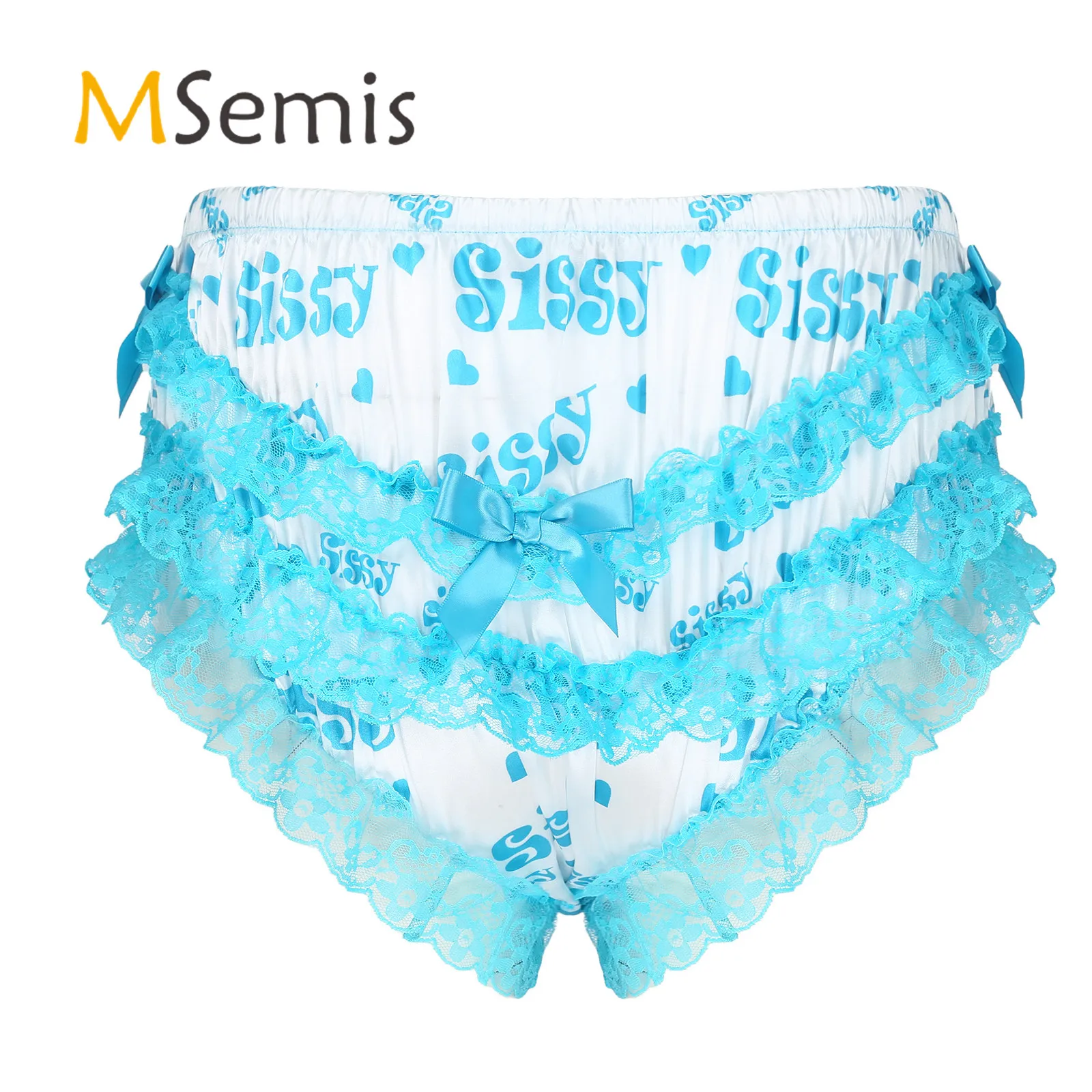 Mens Lingerie Sissy Underwear Shiny Soft Satin Underpants Ruffled Floral Lace Cute Bowknot Knickers Briefs Panties