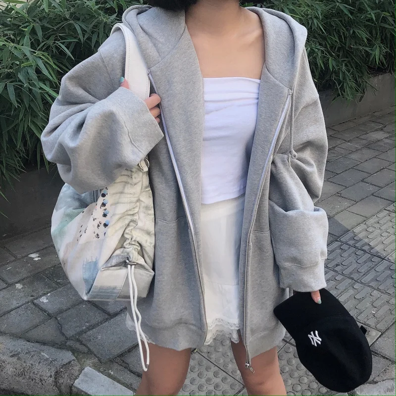 With Hat Hoodies Women Solid Zippers Basic Korean Style Daily Loose All-match Spring Couple Boyfriend Tops Streetwear Trendy New