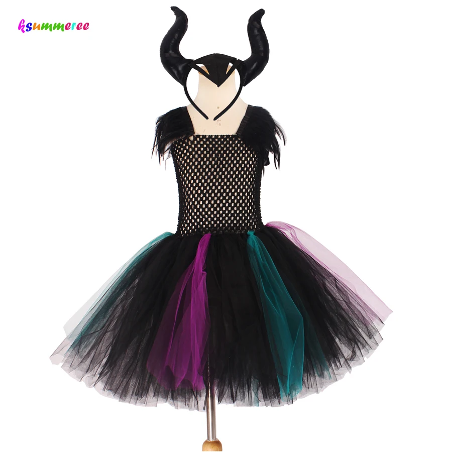 Little Devil Fancy Tutu Dress with Horns Girls Halloween Witch Cosplay Party Costume Feathers Embellished Tulle Dresses