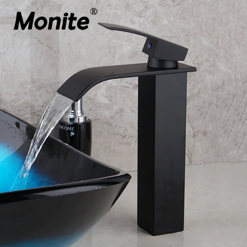 

Monite Matte Black Bathroom Basin Faucet ORB Black Countertop Single Handle Wash Basin Sink Waterfall Mixer Tap Faucet