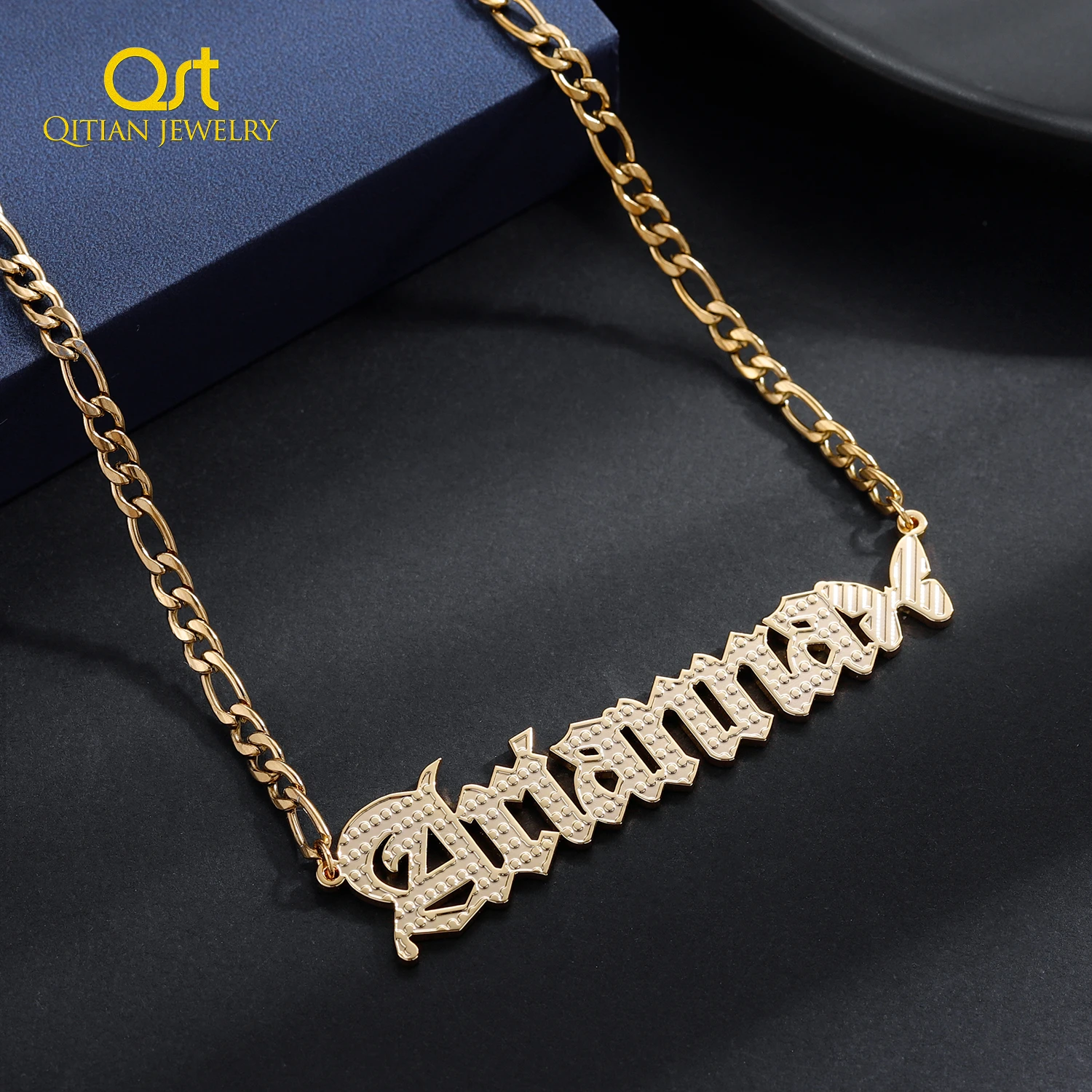 

Personalise Textured Old English Name Necklace With Butterfly in Stainless steel And Custom18K Gold Plate Pendant For Women Gift