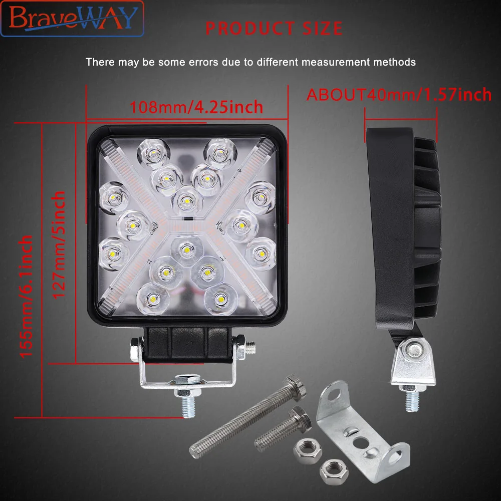 Braveway Led Square Fog Light 24V Car Headlights 48w Daytime Running Lights 4 INCH 9D Offroad Truck Motorcycle  Work Light