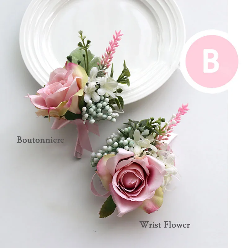 Dropshipping YO CHO 핑크 컬러 신부 들러리 Corsage 인공 장미 꽃 손목 Corsage 팔찌 남자 Boutonniere 결혼식, 드롭 쇼핑