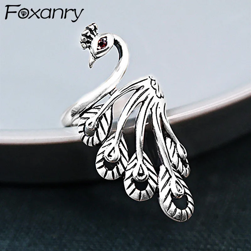 Foxanry Silver Color Ethnic Rings New Fashion Cute Peacock Vintage Punk Thai Silver Elegant Party Jewelry Gifts for Women