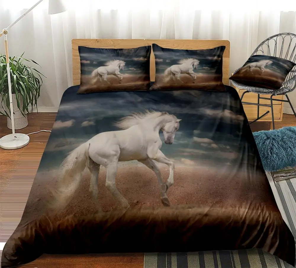 

3D White Horses Bedding Set Luxury Soft Duvet Cover Set Comforter Animals Bed Set King Queen Bedclothes Home Textile Microfiber