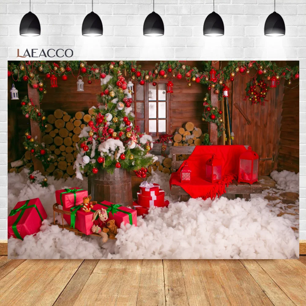 Laeacco-크리스마스 포토콜 우드 하우스 창문 조명 나무 소파 선물 가족 초상화 사진 배경막, 사진 배경