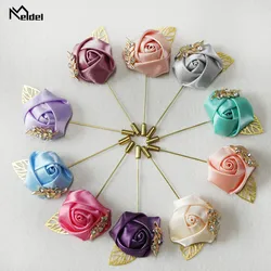 Meldel Groom Boutonniere Men Brooch Pins Silk Rose Wedding Boutonniere Groomsmen Corsage Flowers Prom Party Wedding Boutonnieres