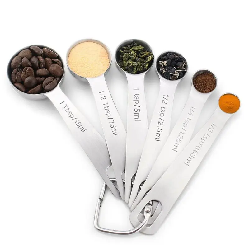 Stainless Steel Measuring Spoons Cups Set Small Tablespoon with Bonus Leveler Etched Markings Removable Clasp Kitchen Gadgets