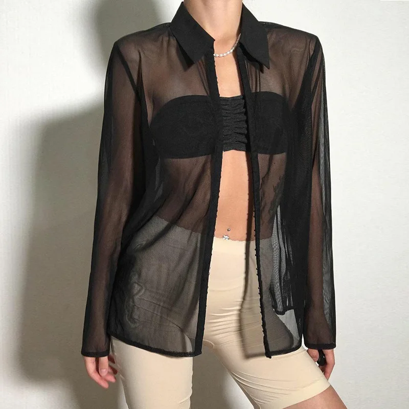 Ladies Sexy Solid Color Mesh Single-breasted Lapel See-through Long-sleeved Shirt Female 2022 Spring New T-shirt Women Shirts