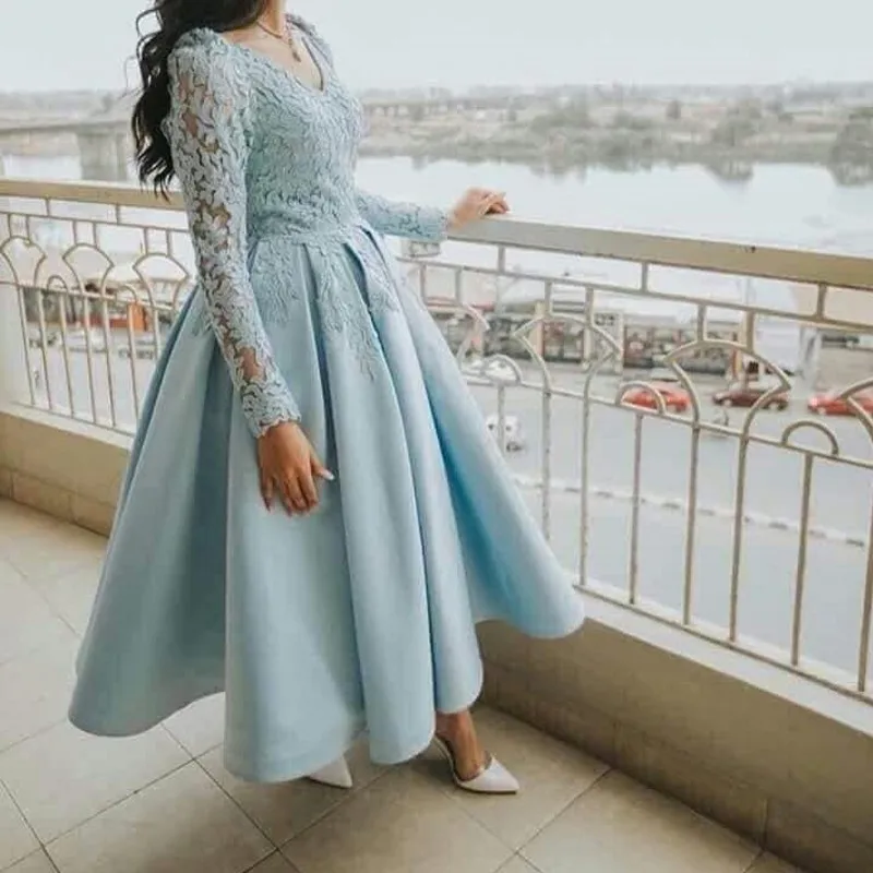 Robe de soirée en dentelle bleu ciel pour femmes, haut Vintage, ligne a, robe de bal, de Cocktail, de Gala, de fête, 2020