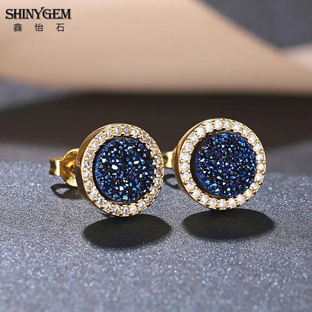 

shinygem fashion 8 8mm round natural crystal druzy stud inlay zircon gold plating geode gem stone earrings for women