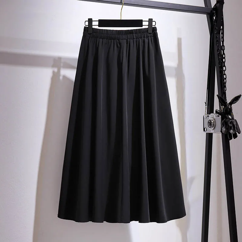 150Kg Plus Size Women's Spring Summer A-Line Solid Pleated Skirt 5XL 6XL 7XL 8XL 9XL Loose Elastic Waist Skirt Black