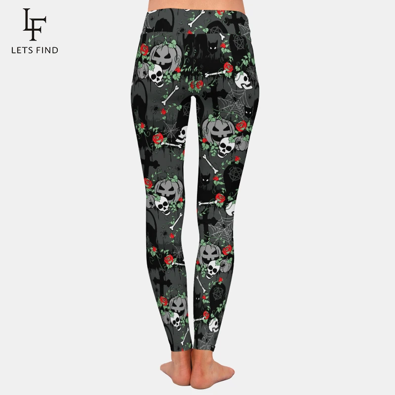 LETSFIND Gothic Halloween cimitero rose rosse con zucche e stampa gatto pantaloni caldi da donna Leggings Slim a vita alta