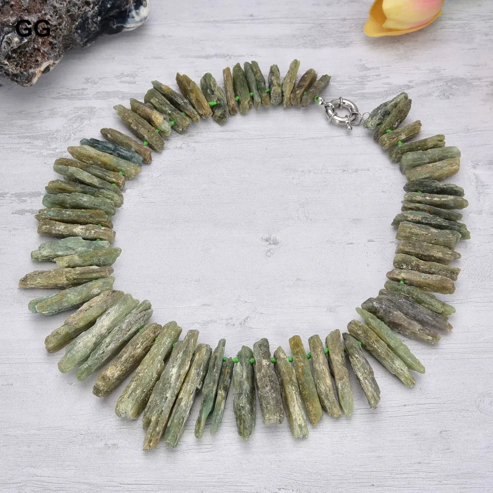 G-G Natural Stone 22' 6x36MM Natural Green Kyanite Rough Stick Shard Point Necklace