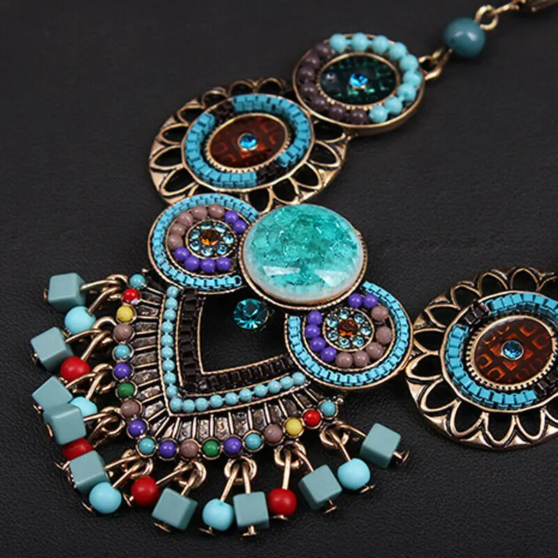 New Vintage Bohemian Statement Necklace Beads Layered Choker Bib Collar Pendant Necklaces Women Ethnic Boho Tribal Gypsy Jewelry