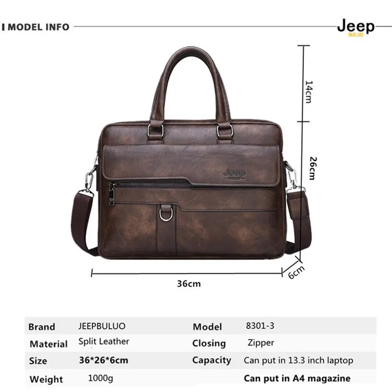 JEEP BULUO-maletín de negocios para hombre, bolso de oficina de alta calidad, de cuero dividido, de 14 pulgadas para ordenador portátil, archivo A4