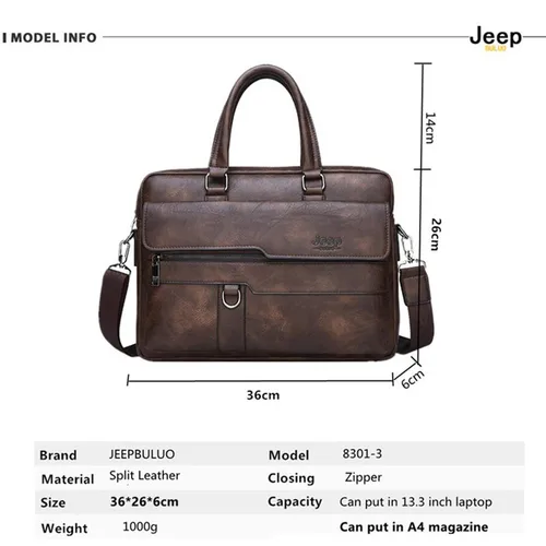 Imagen 2 del producto JEEP BULUO-maletín de negocios para hombre, bolso de oficina de alta calidad, de cuero dividido, de 14 pulgadas para ordenador portátil, archivo A4