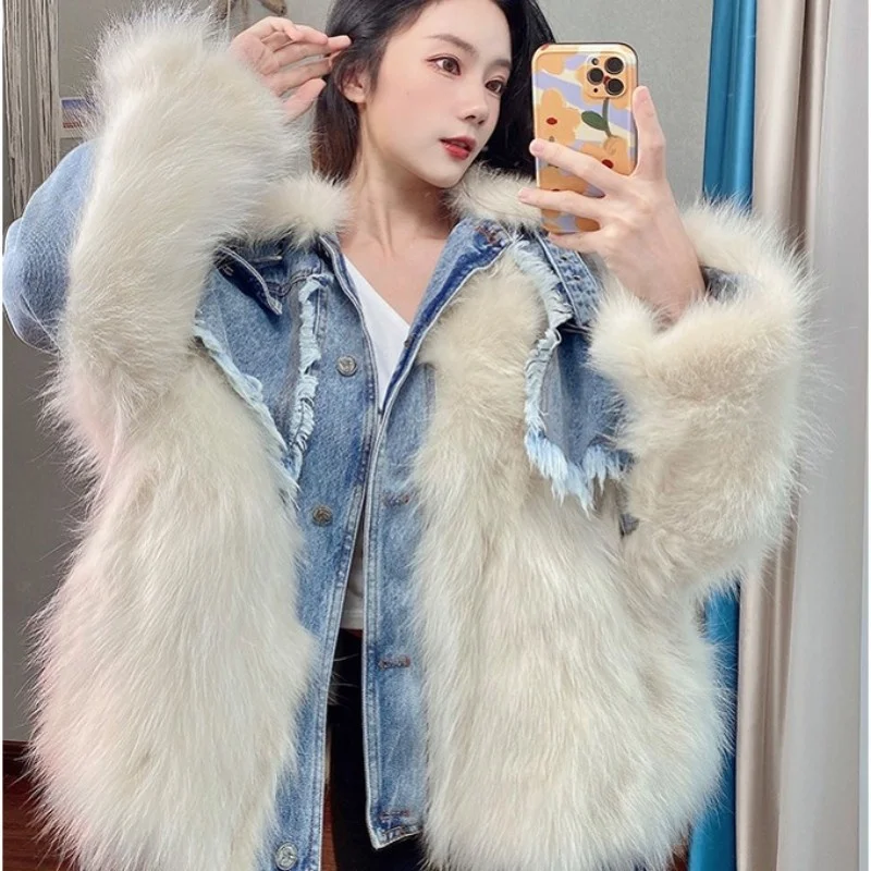 

Real Women Fox Fur Full Sleeve Outerwear Autumn Winter Casual Raccoon Fur Denim Coat Brand Street Single Breasted Jacket Female