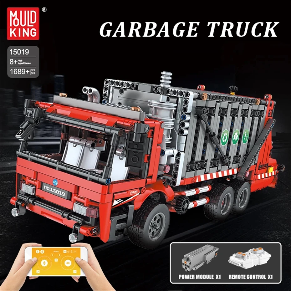 Mould King 15019 High-tech Car Toys For Boys 1689pcs App Control Motorized Garbage Truck Building Blocks Bricks Christmas Gifts