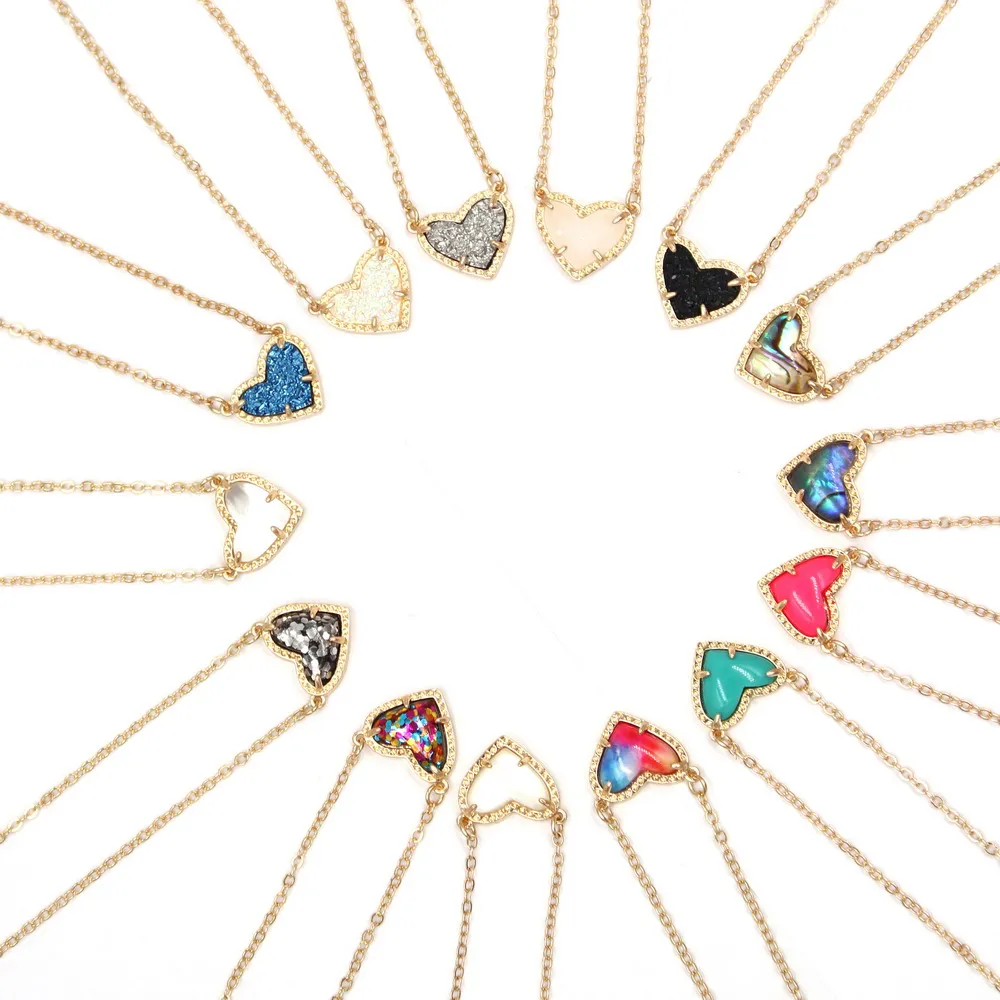 2024 New Elisa Rainbow Glitter Stone Small KS Heart Shaped Resin Druzy Necklaces for Women Pendants