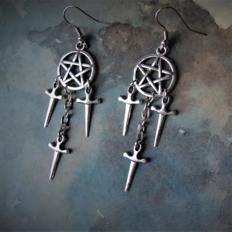 Pentagram Swords Earrings Silver Plated Huggie Hoops Dangle Witchy Jewelry Pagan Wiccan Tarot Gothic Emo Women Gift