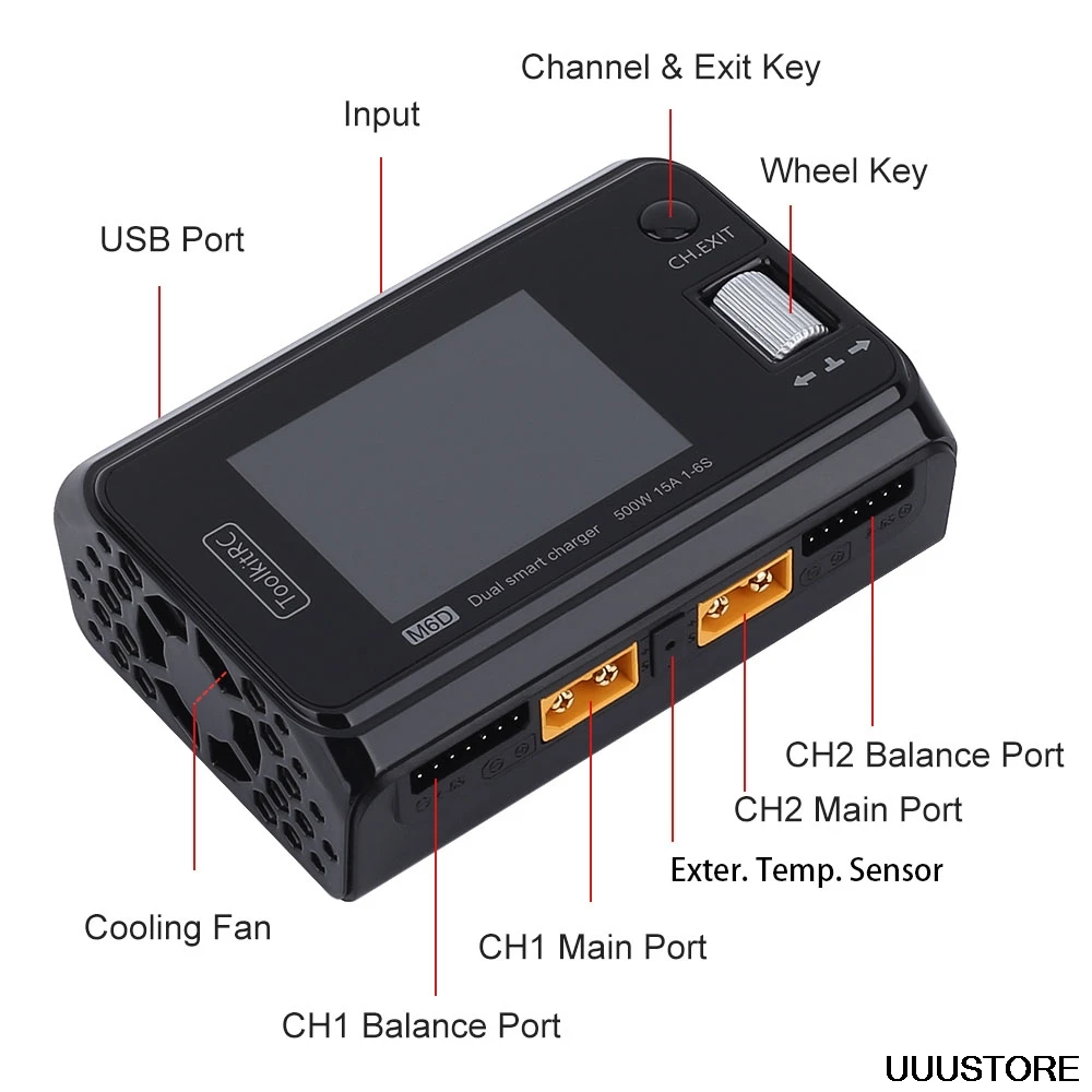 ToolkitRC M6D Dual-channel 500W 15A DC MINI Smart Charger scaricatore per 1-6S Lipo LiHV Lion NiMh Pb Cell Checker Servo Tester