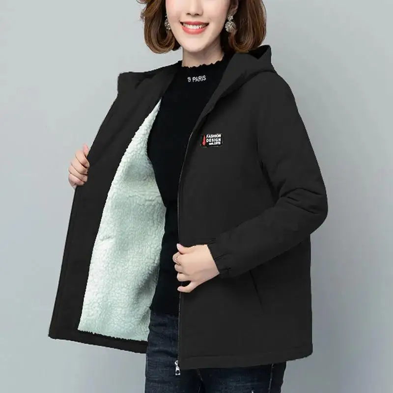 Add Fleece Winter Jacket Women 2022 Spring Autumn New Loose Coat Female short Hooded Windbreaker Outerwear Casual Outerwear 5XL