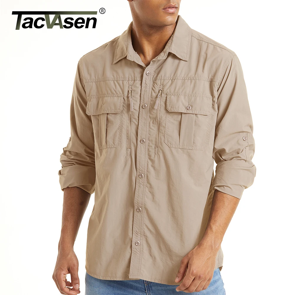 TACVASEN With 2 Chest Zipper Pockets Tactical Shirt Men\'s Quick Drying Skin Protective Long Sleeve Shirt Team Work Tops Outdoor