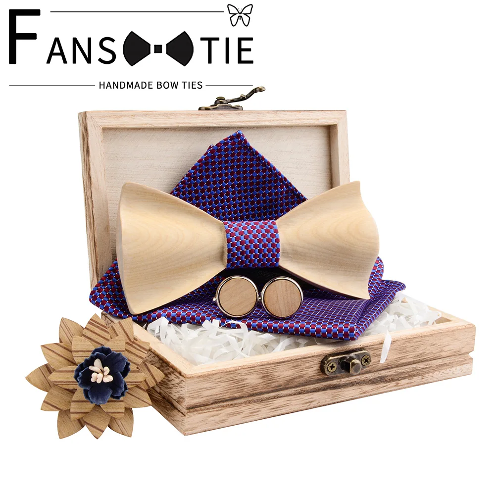 Mens Maple 3D Wooden Bowtie Sets Floral Silk Pocket Square Cufflinks Brooch And Wood Box Gravata Suit Wedding Slim Bow Ties Gift