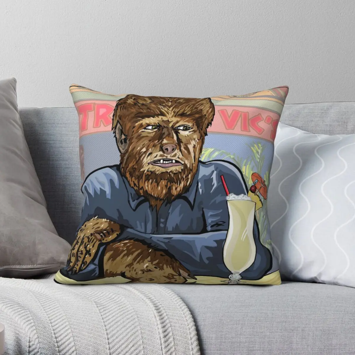 Ah-woooo Werewolf Drinking A Pina Colada Square Pillowcase Polyester Linen Velvet Zip Decor Throw Pillow Case Home Cushion Cover