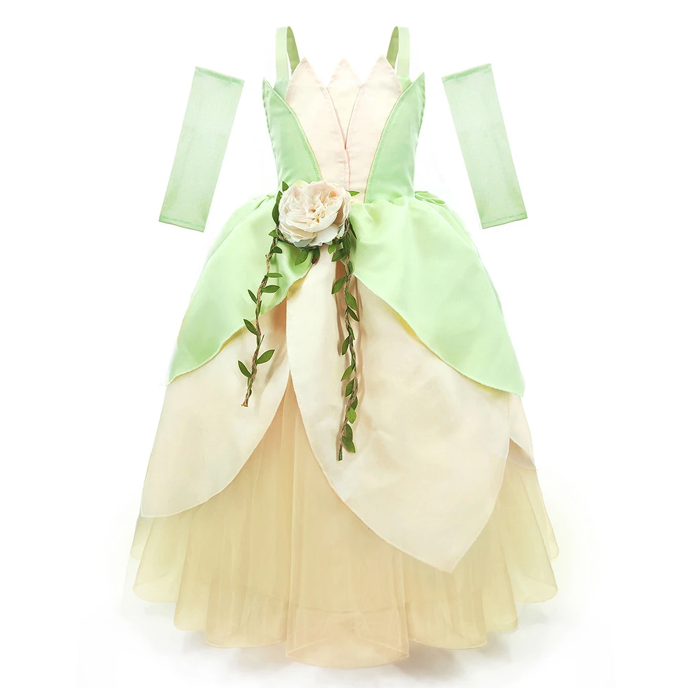 Vestido de princesa Tiana para meninas, traje de cosplay infantil de Halloween, vestido verde infantil, princesa e o sapo, boutique