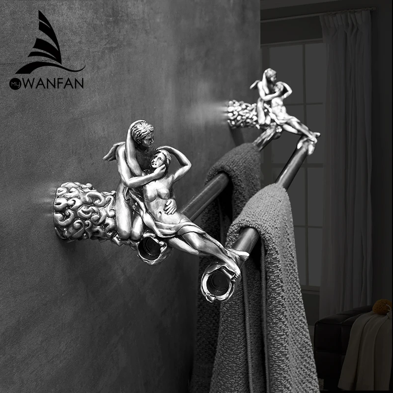 Imagem -04 - Wall Mounted Toalheiros de Bronze para o Banheiro Barras de Toalha Dupla Ouro e Prata Pendurado Rod Trilho Armazenamento Romântico Mb0818b