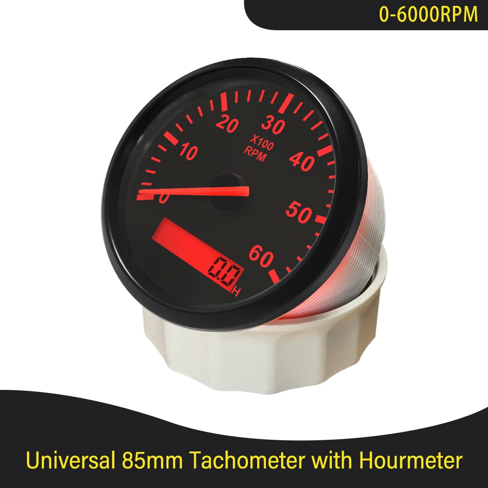 

85mm Car Boat Tacho Sensor Marine Tacho Meter with LCD Hourmeter 3000 4000 6000 8000 RPM Boat Tachometer 12V/24V Red Backlight