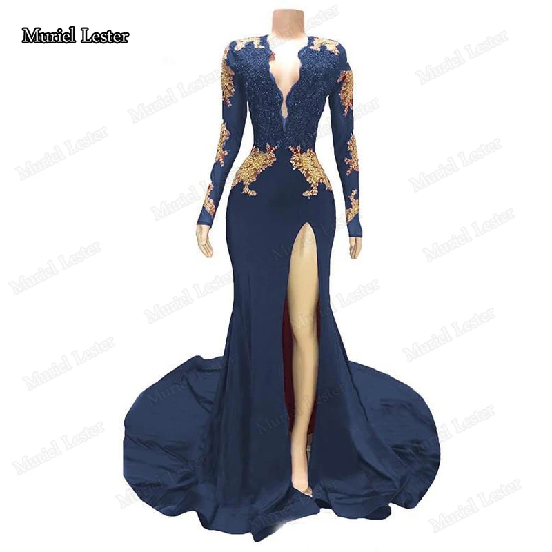 PD139 Royal Blue Backless Mermaid formalne suknie wieczorowe Plus rozmiar złote kryształowe aplikacje frezowanie formalna suknia na bal maturalny 2020